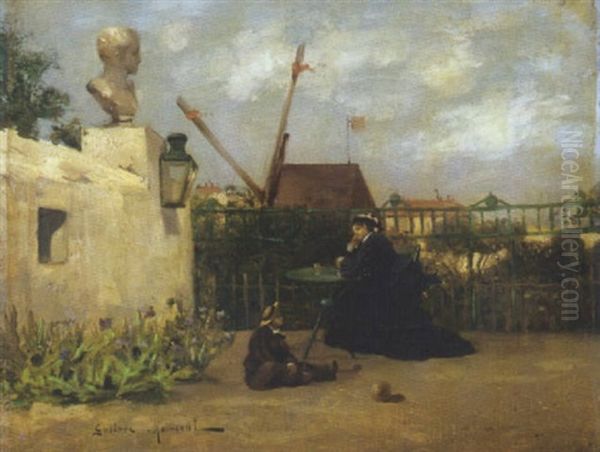 Mere Et Enfant Sur Une Terrasse A Montmartre Oil Painting by Gustave Maincent