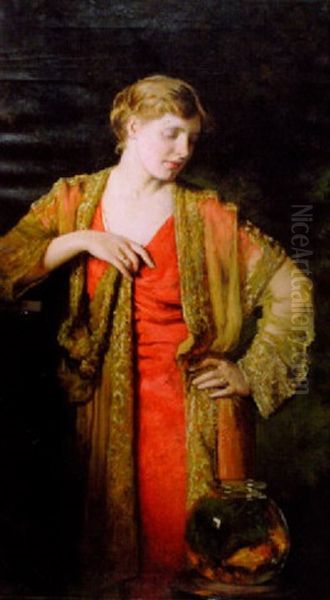Portrait Of A Woman With A Goldfish Oil Painting by Ernest Lee Major