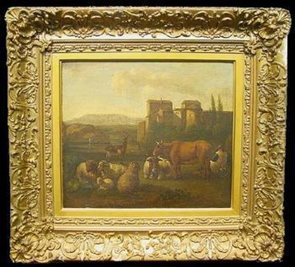 Farm Animals At Rest Near A Village Oil Painting by N. Berghem