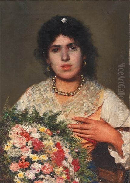 Young Woman With Flowers Oil Painting by Alexandr Vladimirovich Makovsky