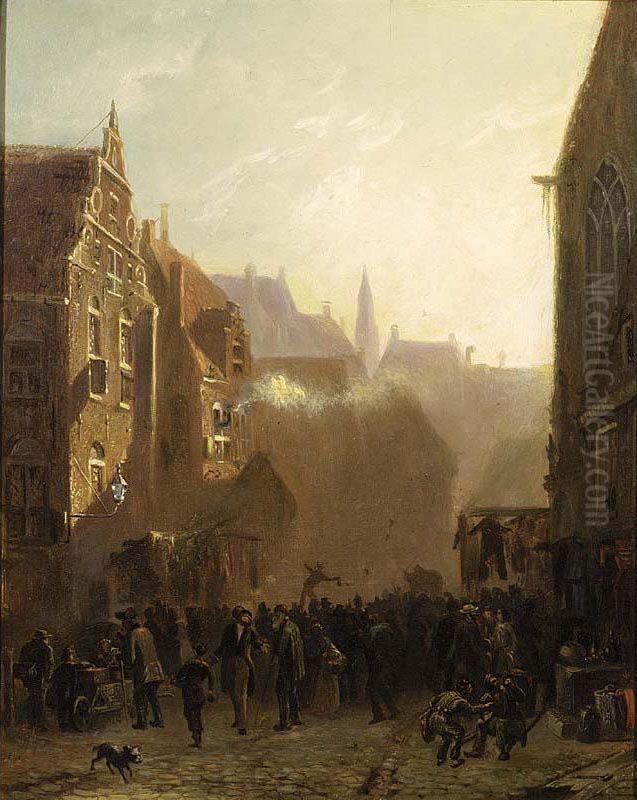 A Market Scene In A Street, Groningen Oil Painting by Sybolt Berghuis
