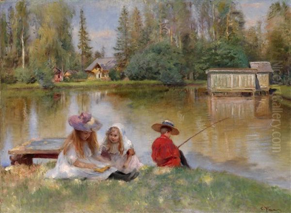 Children By The Lake Oil Painting by Konstantin Egorovich Makovsky