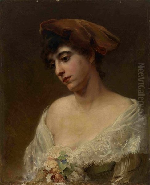 Young Woman In A Red Beret Oil Painting by Konstantin Egorovich Makovsky