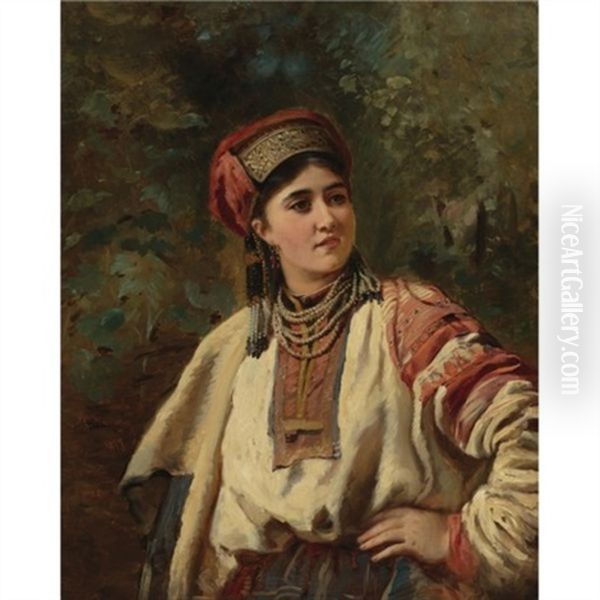 Girl In A National Costume Oil Painting by Konstantin Egorovich Makovsky