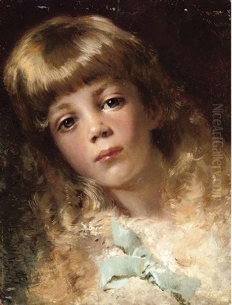 Portrait Of A Young Girl Wearing A Blue Ribbon Oil Painting by Konstantin Egorovich Makovsky