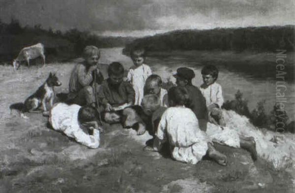 Russische Bauernbuben Auf Einer Wiese Am Flusufer Oil Painting by Konstantin Egorovich Makovsky