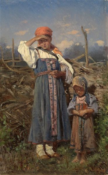 Two Peasant Girls Oil Painting by Vladimir Egorovic Makovsky