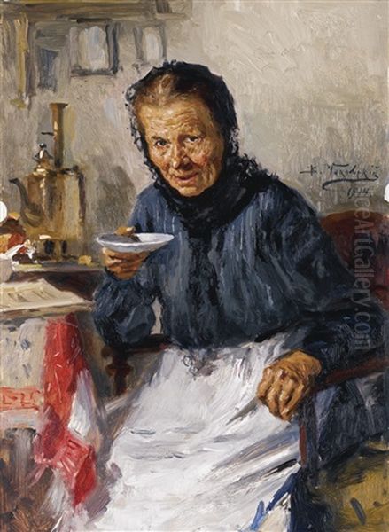 Old Lady Drinking Tea Oil Painting by Vladimir Egorovic Makovsky