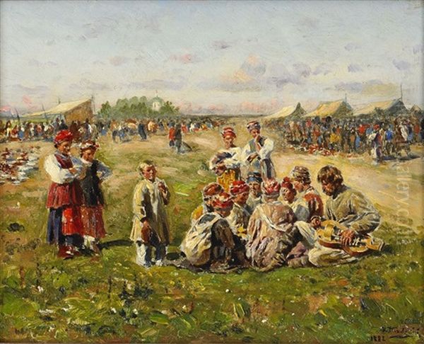 Musicians At The Fair In Little Russia Oil Painting by Vladimir Egorovic Makovsky