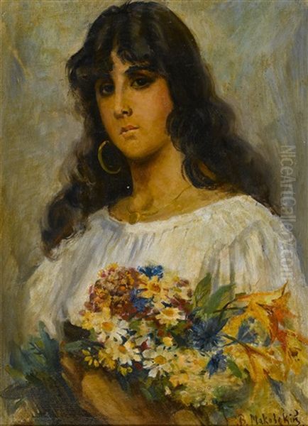 Woman With Flowers Oil Painting by Vladimir Egorovic Makovsky