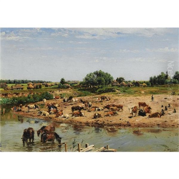 Cattle By The River Oil Painting by Vladimir Egorovic Makovsky
