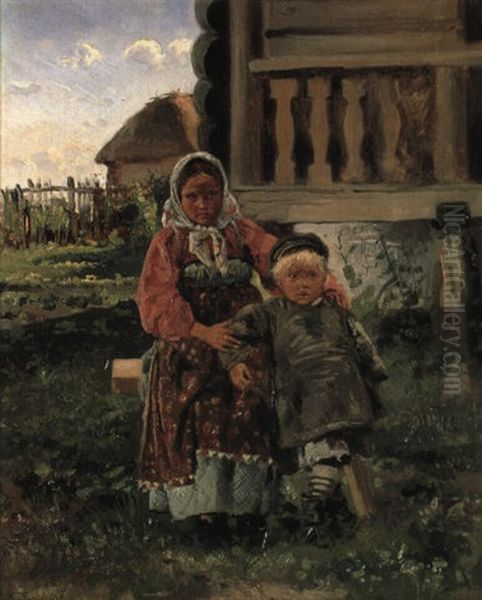 Brother And Sister Oil Painting by Vladimir Egorovic Makovsky
