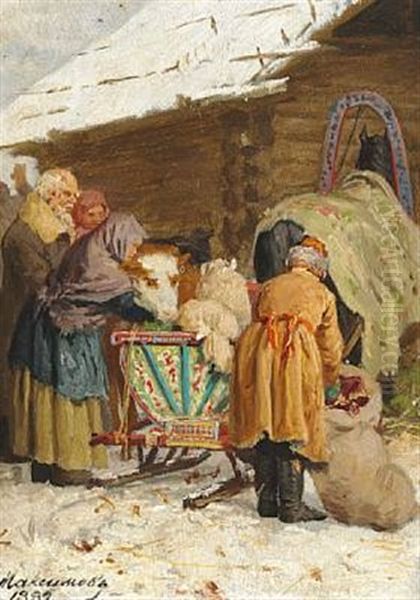 A Russian Peasant Family Packs The Sleigh On A Winter Day Oil Painting by Vasili Maksimovich Maksimov