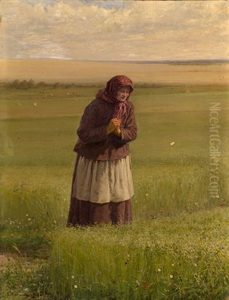 Old Woman In The Field (version Of By The Allotment) Oil Painting by Vasili Maksimovich Maksimov