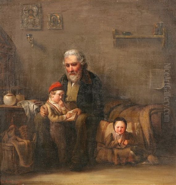 The Reading Lesson Oil Painting by Vasili Maksimovich Maksimov