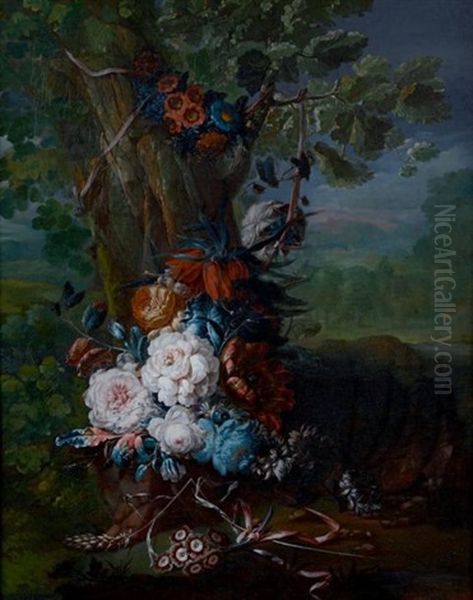 Bouquet De Fleurs Depose Au Pied D'un Arbre Oil Painting by Joseph-Laurent Malaine