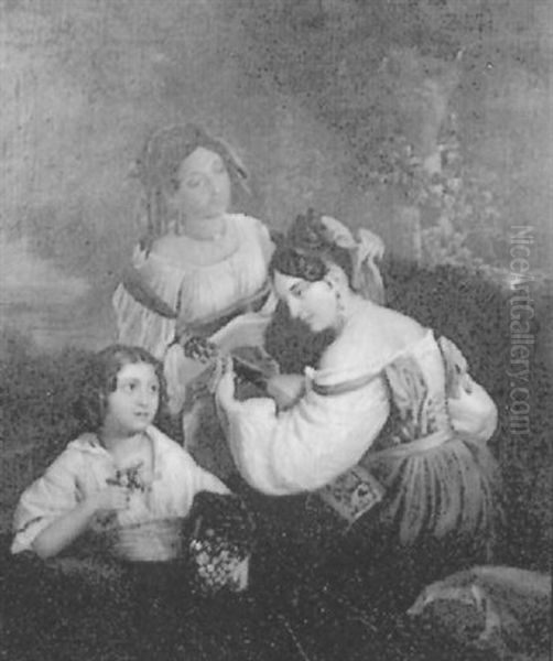 Three Ladies, One With A Mandolin Oil Painting by Adeodato Malatesta or Malatesti