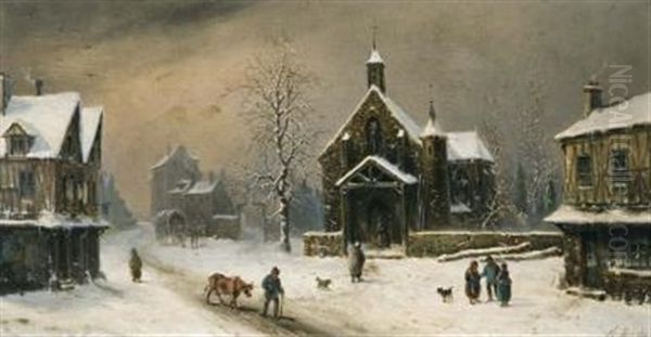 Town Square In Winter Oil Painting by Louis-Claude Malbranche