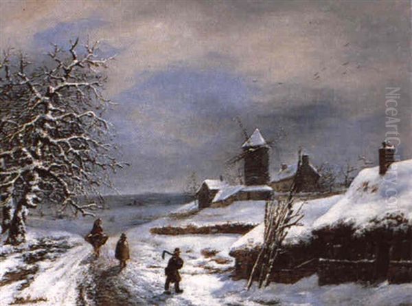 Moulin A Vent Dans Un Paysage De Neige Oil Painting by Louis-Claude Malbranche