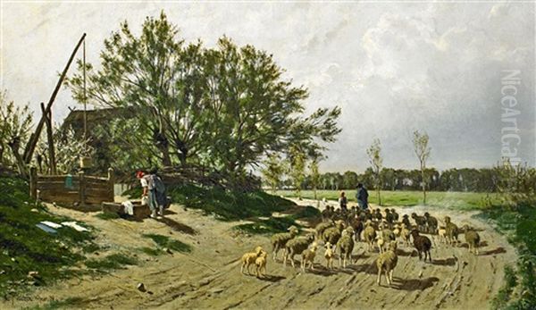 Landschaft In Mecklenburg Mit Schafer Und Seiner Herde Oil Painting by Karl Malchin