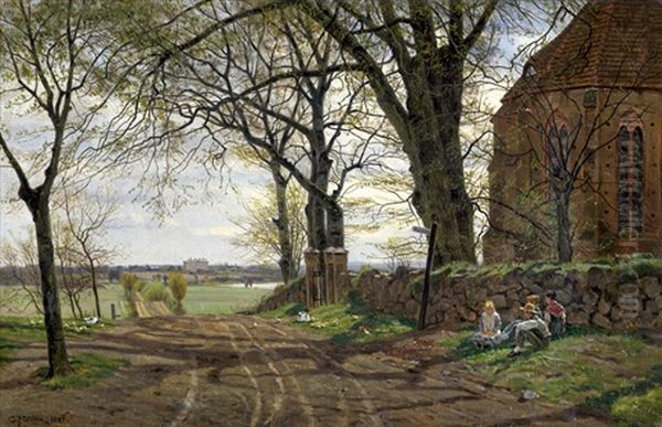 Vorfruhling: Feldweg Bei Der Dorfkirche Gressow, Im Hintergrund Schloss Pluschow Bei Wismar Oil Painting by Karl Malchin