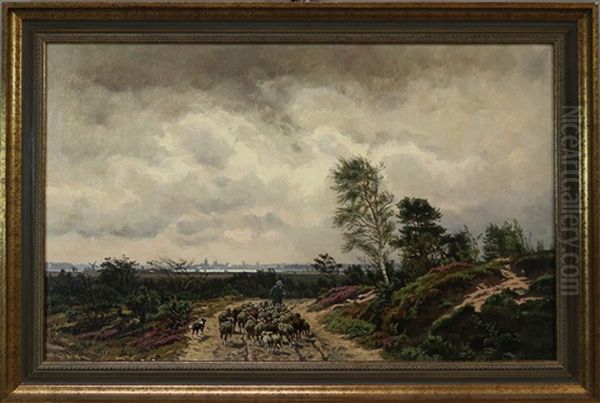 Schafer Mit Seiner Herde Bei Aufziehendem Gewitter Im Moor - Am Horizont Wohl Stadtsilhouette Von Schwerin Oil Painting by Karl Malchin