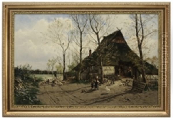 Landscape With Barn, Figures, Chickens And Shepherd Oil Painting by Karl Malchin