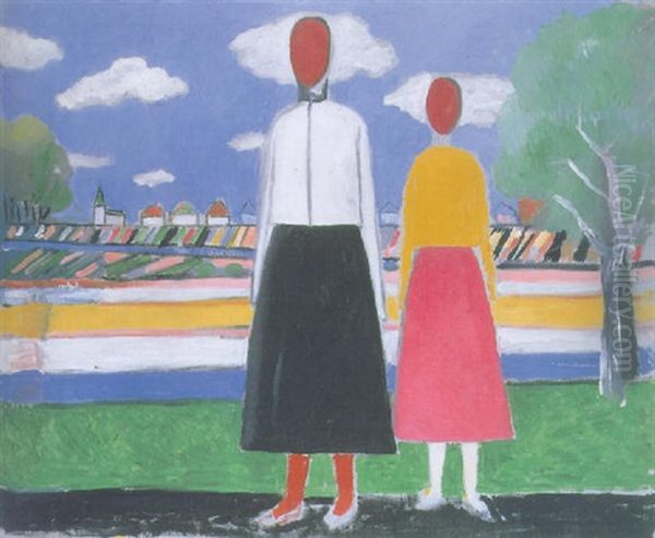 Two Figures In A Landscape Oil Painting by Kasimir Sevrinovitch Malevich