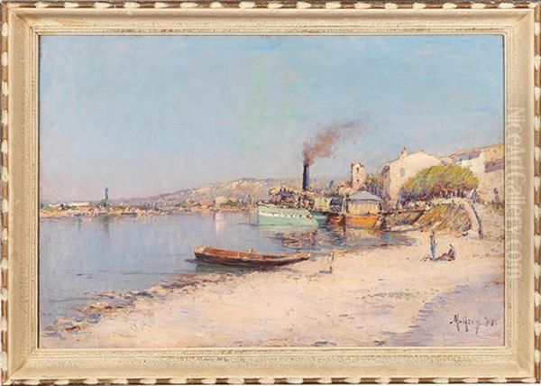 A Port In The South Of France (martigues?) Oil Painting by Henri Malfroy-Savigny