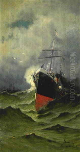 Steamer De La Cgt Par Grand Vent Oil Painting by Henri Malfroy-Savigny