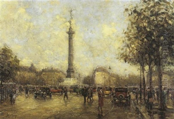 Paris, La Place De La Bastille Oil Painting by Henri Malfroy-Savigny