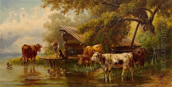 Shepherd Boy On Lake Starnberg Oil Painting by Christian Friedrich Mali