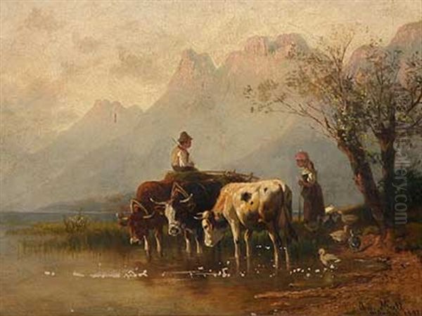 Knabe Auf Heuwagen Trifft Auf Junge Hirtin Am Ufer Eines Gebirgssees Oil Painting by Christian Friedrich Mali