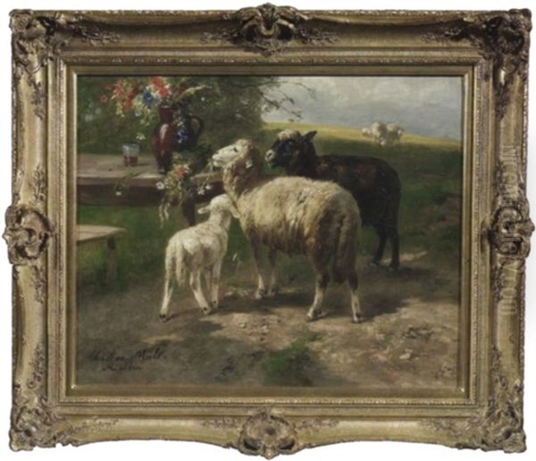 Schafe Stibitzen Einen Sommerblumenstraus Von Einem Tisch Oil Painting by Christian Friedrich Mali