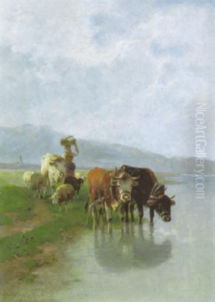 Hirtin Mit Schafen Und Ochsen An Der Tranke Am Seeufer Vorn Oil Painting by Christian Friedrich Mali
