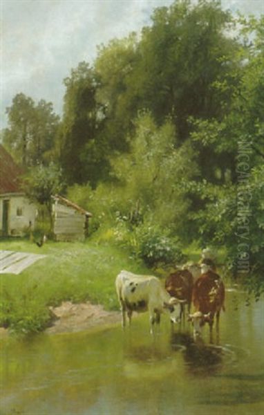 Kuhe Am Bach Bei Aresing Oil Painting by Christian Friedrich Mali