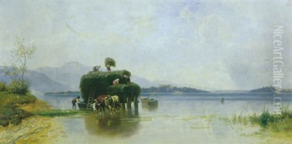 Beladen Eines Heubootes Am Chiemsee Oil Painting by Christian Friedrich Mali
