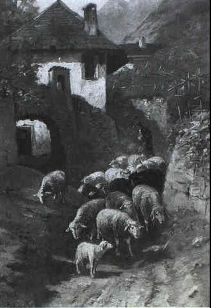 Schafer Mit Seiner Herde Vor Einem Gehoft Im Gebirge Oil Painting by Christian Friedrich Mali