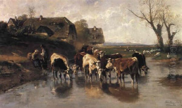 Rinderherde An Der Tranke Oil Painting by Christian Friedrich Mali