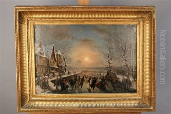 Scene De Patinage Au Soleil Couchant Oil Painting by Louis Claude Mallebranche