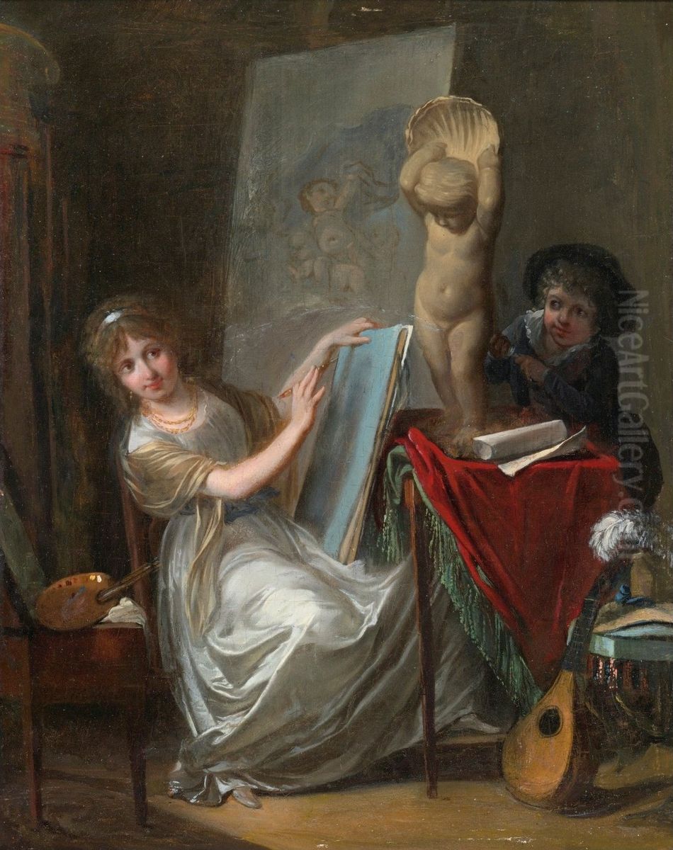 A Studio Interior With A Young Woman Painting Oil Painting by Jean-Baptiste Mallet