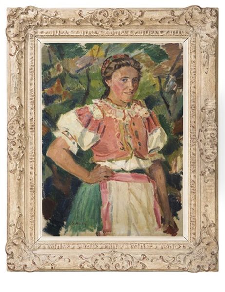 A Girl In Folk Costume Oil Painting by Gustav Mally
