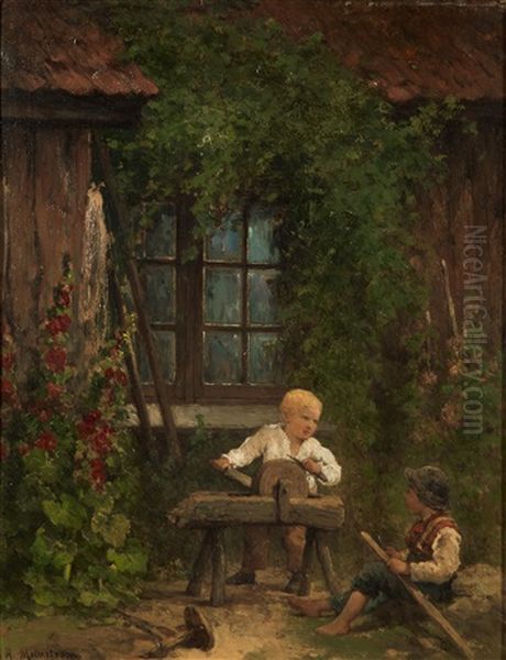 Pojke Slipar Kniv Oil Painting by August Malmstroem