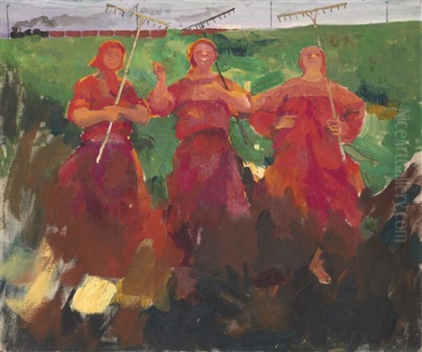 Three Peasants With Rakes Oil Painting by Filip Malyavin