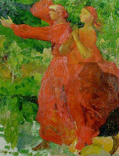 Two Russian Girls In Red Dress Oil Painting by Filip Malyavin