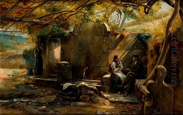 Aldeanos Conversando Junto Al Lavadero Oil Painting by Asterio Mananos Martinez