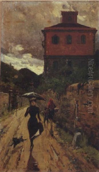 A Passeggio Col Cagnolino Oil Painting by Ugo Manaresi