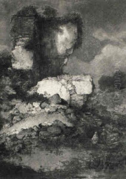 A River Landscape With Figures Seated In A Rowing Boat, Viewing Ruins Oil Painting by Jacob Sibrandi Mancadan