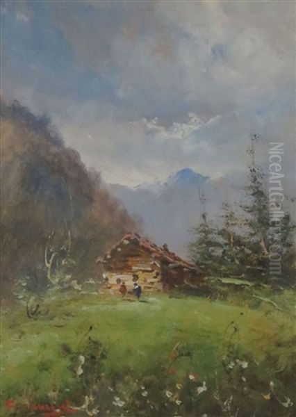 Paysage D'hiver Au Crepuscule Oil Painting by Carlo Mancini