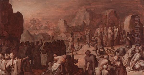 Moses Strikes Water From The Rock Oil Painting by Karel Van Mander